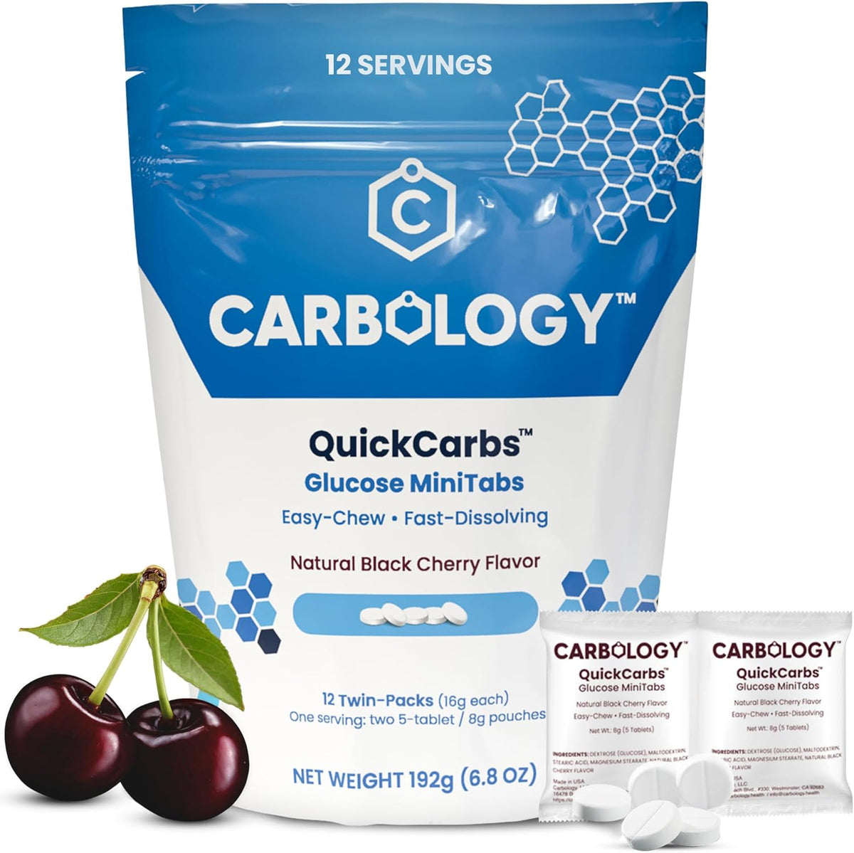Carbology Glucose MiniTabs front packaging showing natural black cherry flavor.