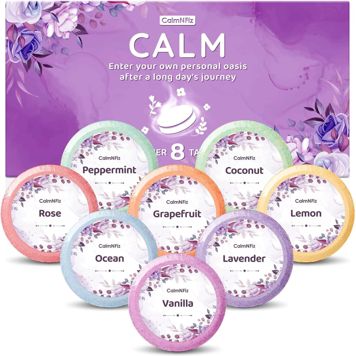 CalmNFiz Aromatherapy Shower Steamers 8 Pack front view showing luxury gift packaging for home spa relaxation.