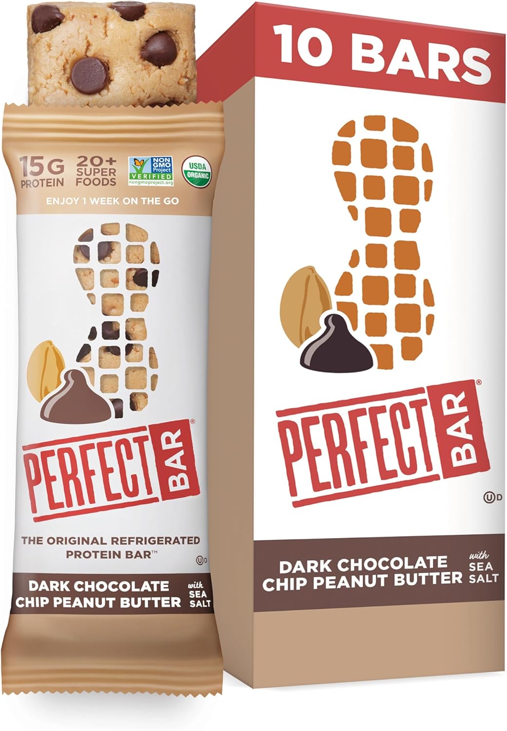 Perfect Bar, Dark Chocolate Chip Peanut Butter Protein Bar, High Protein, Organic, Gluten Free, Soy Free, Non GMO, No Sugar Alcohols, 2.3 Ounce Bar, 10 Count - Image 1