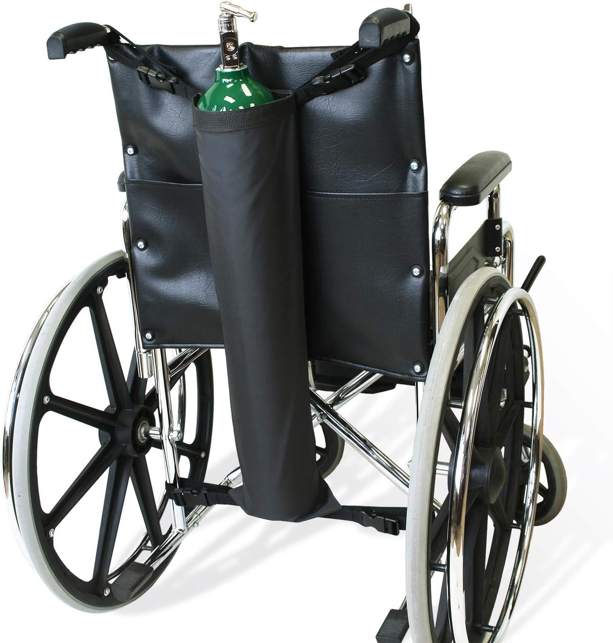 NYOrtho Oxygen Cylinder Holder front view on standard wheelchair