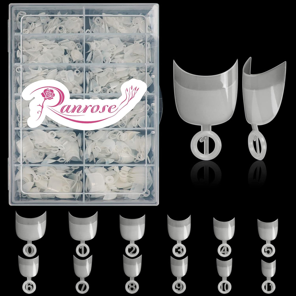Ranrose short oval nail tips in a 600 piece organized transparent storage box acrylic nails fake nails