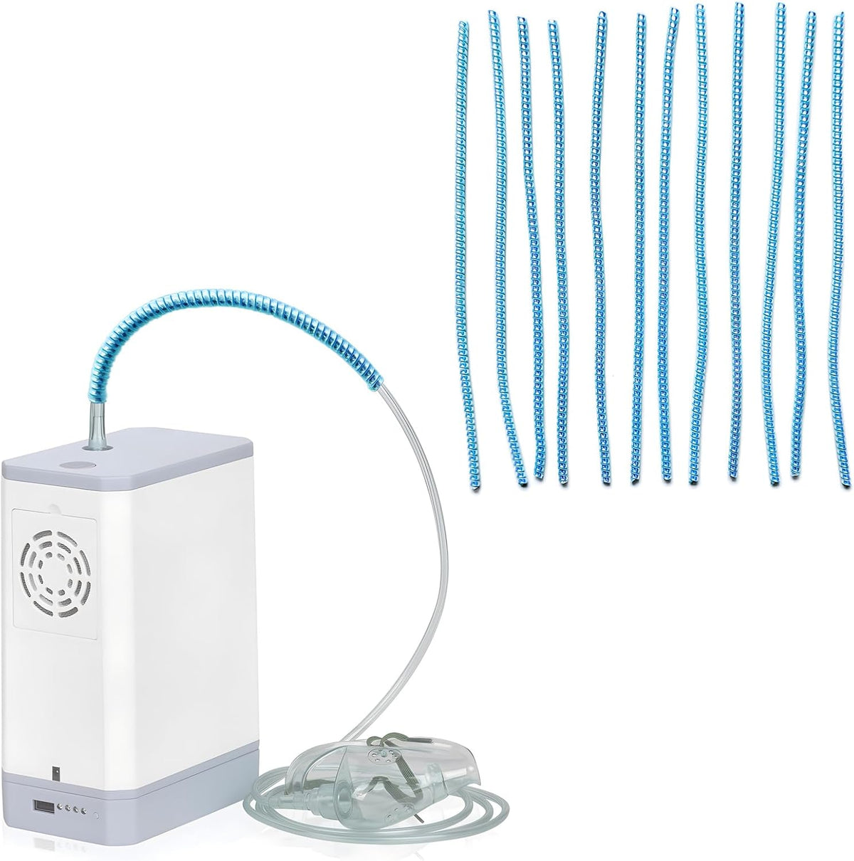 Apuozhi oxygen tubing support front view showing blue crimp straightener on hose