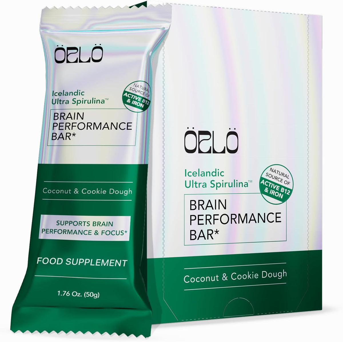 Orlo Brain Performance Bar front view showing coconut flavor packaging.