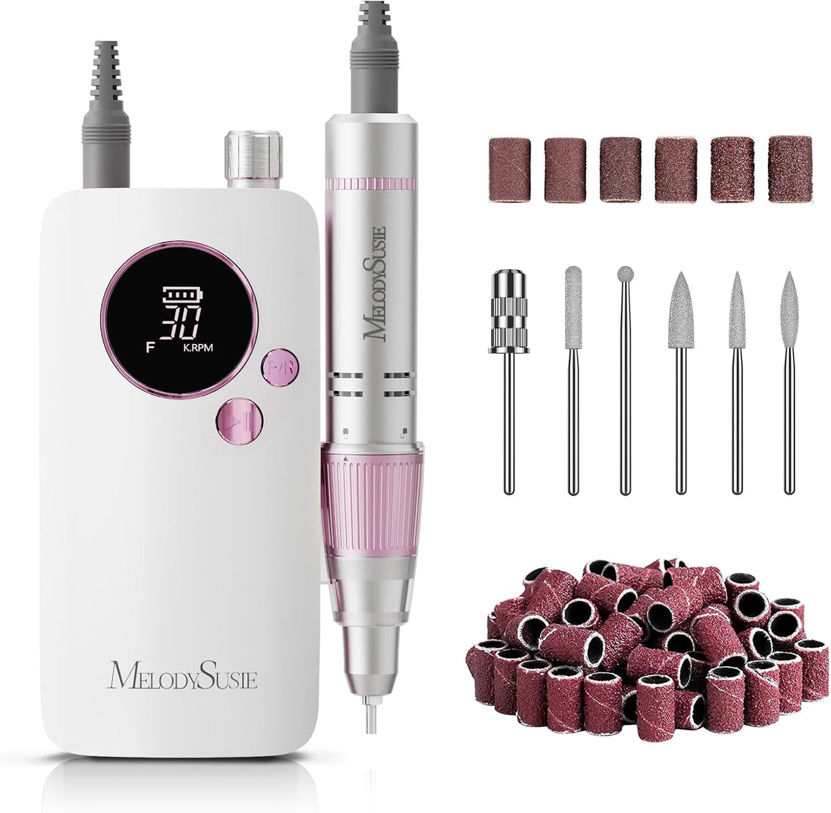 MelodySusie entry-level clip-on rechargeable nail drill sc320f front view showing the portable controller and white handpiece