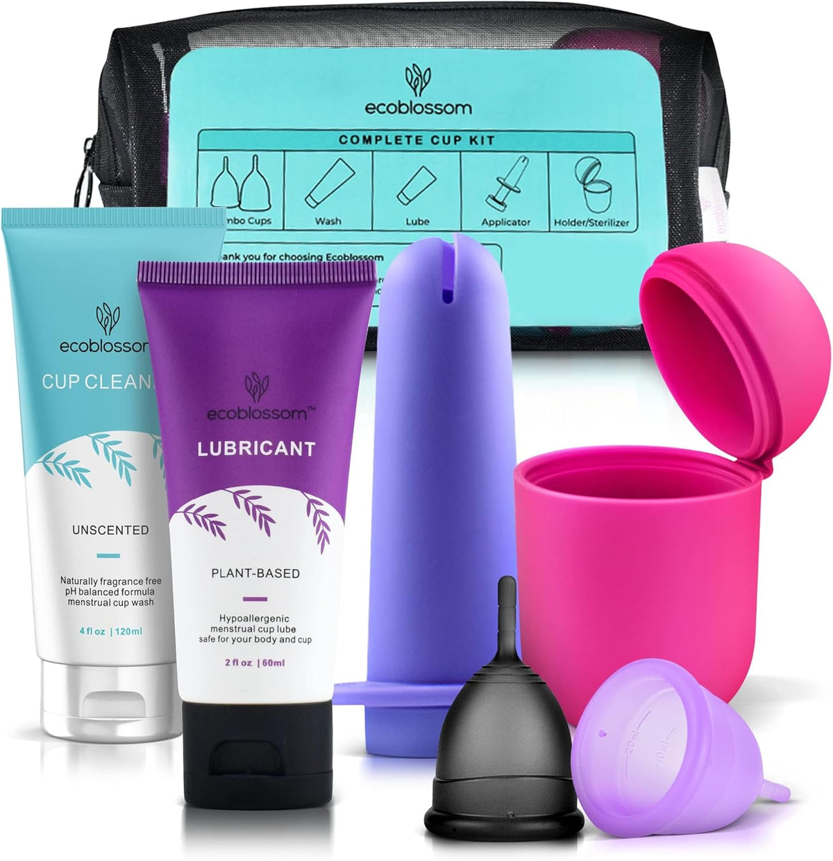 Ecoblossom Complete Menstrual Cup Kit front view of 7 piece period starter set.