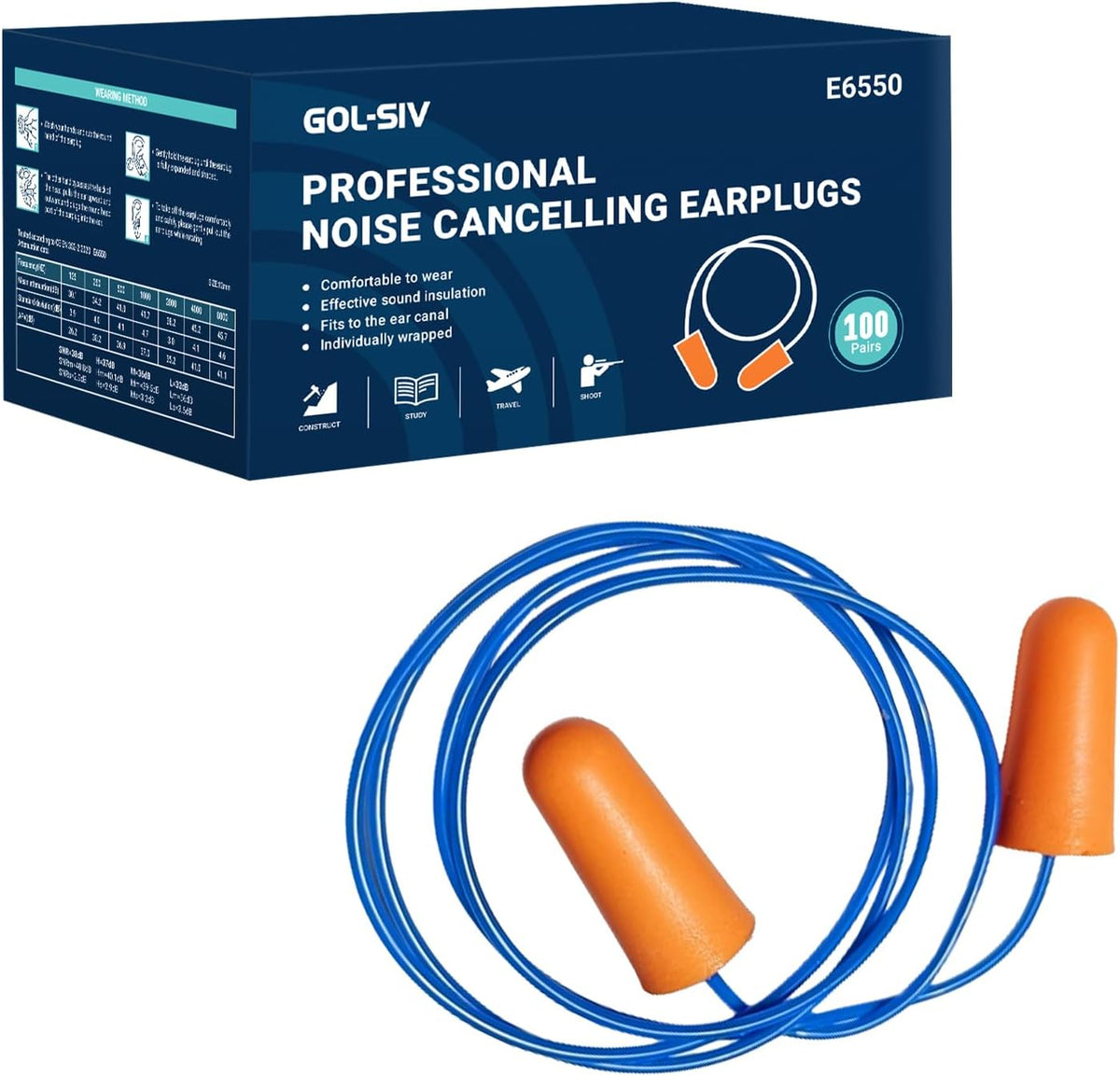 First Aid Only Max foam ear plugs box front view containing one hundred pairs of corded hearing protection.