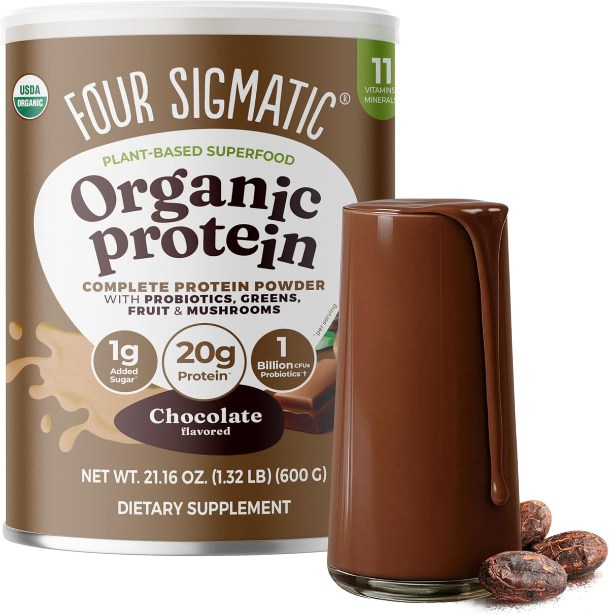 Four Sigmatic Organic Plant Based Protein Powder Creamy Cacao front view vegan supplement