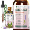 Rejuvica Health Balanced Femme liquid supplement front view bottle with dropper for authentic female hormonal balance.