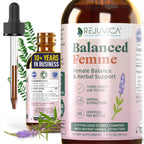 Rejuvica Health Balanced Femme liquid supplement front view bottle with dropper for authentic female hormonal balance.