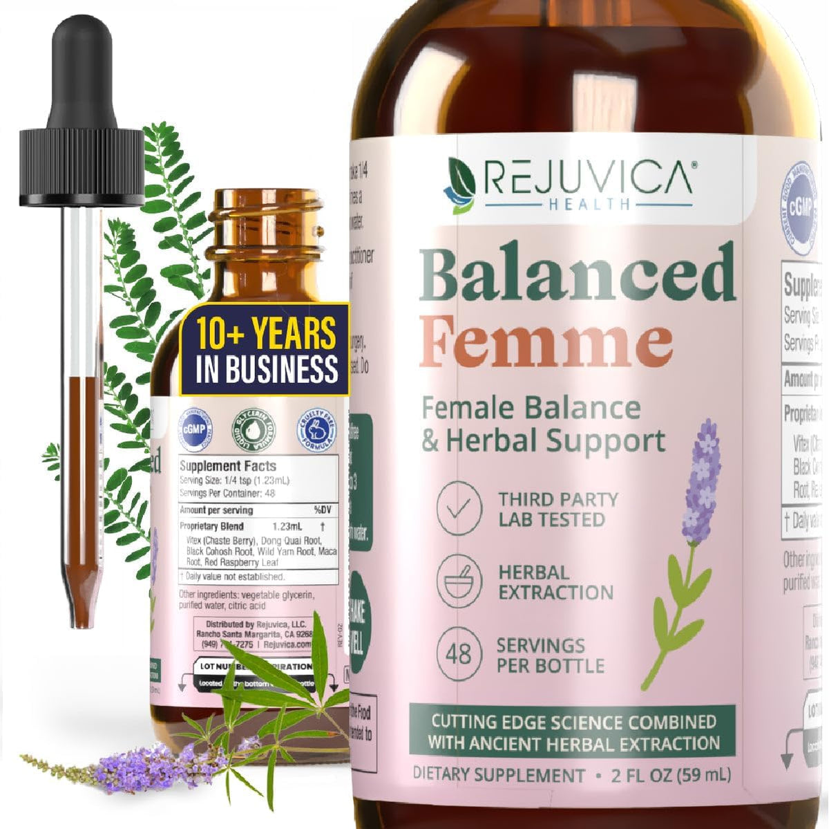 Rejuvica Health Balanced Femme liquid supplement front view bottle with dropper for authentic female hormonal balance.