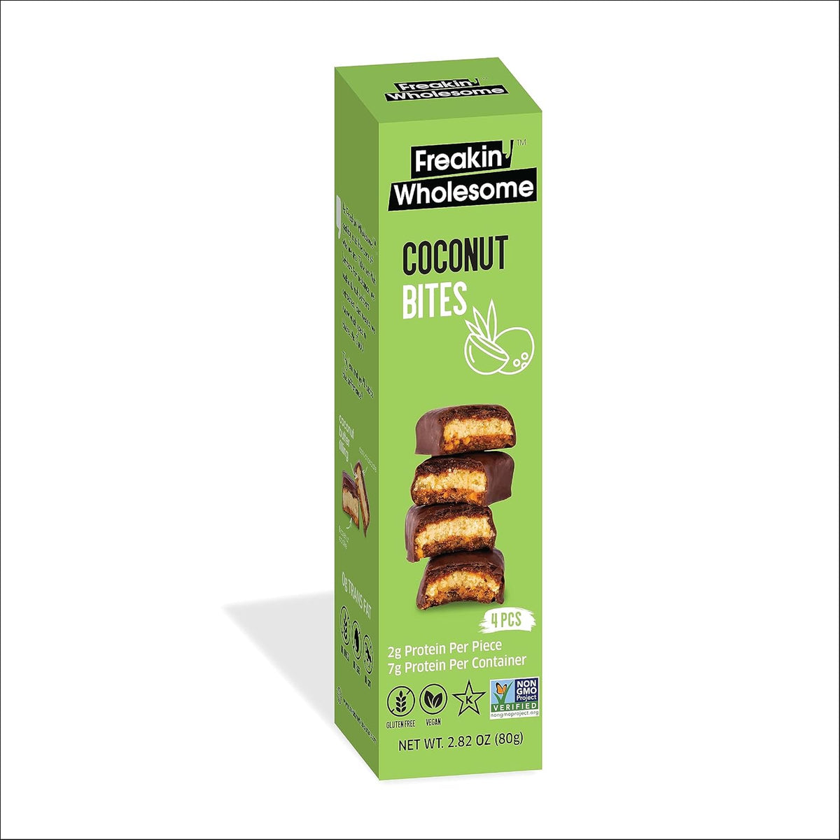 Freakin' Wholesome Chocolate Covered Coconut Bites front view of 80 gram pack.