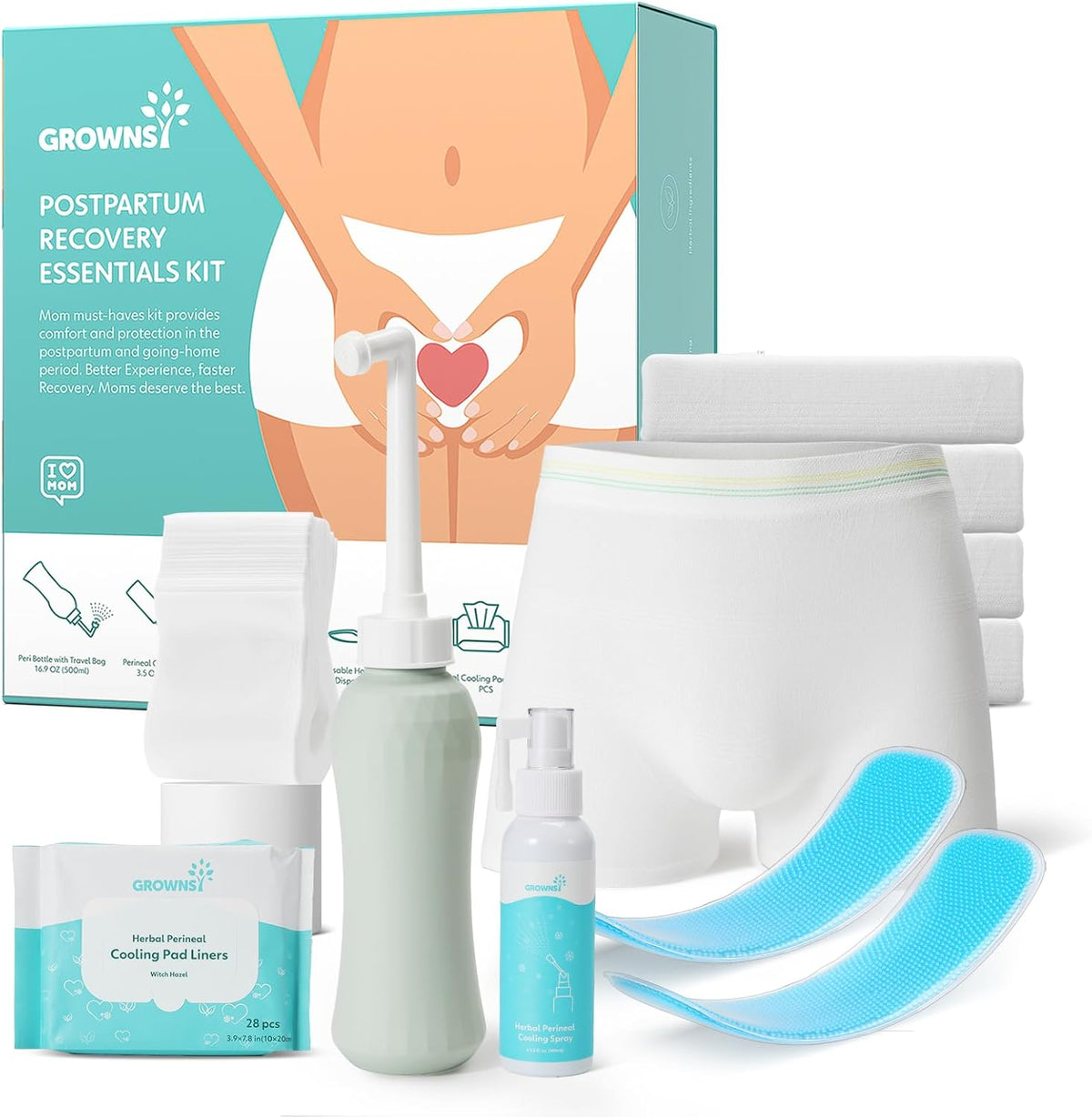 Grownsy Postpartum Essentials Recovery Kit front view showing complete 15 piece set components.