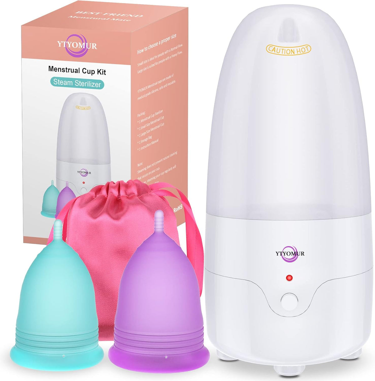 YTYOMUR Menstrual Cup Steamer Sterilizer front view with two pink silicone cups