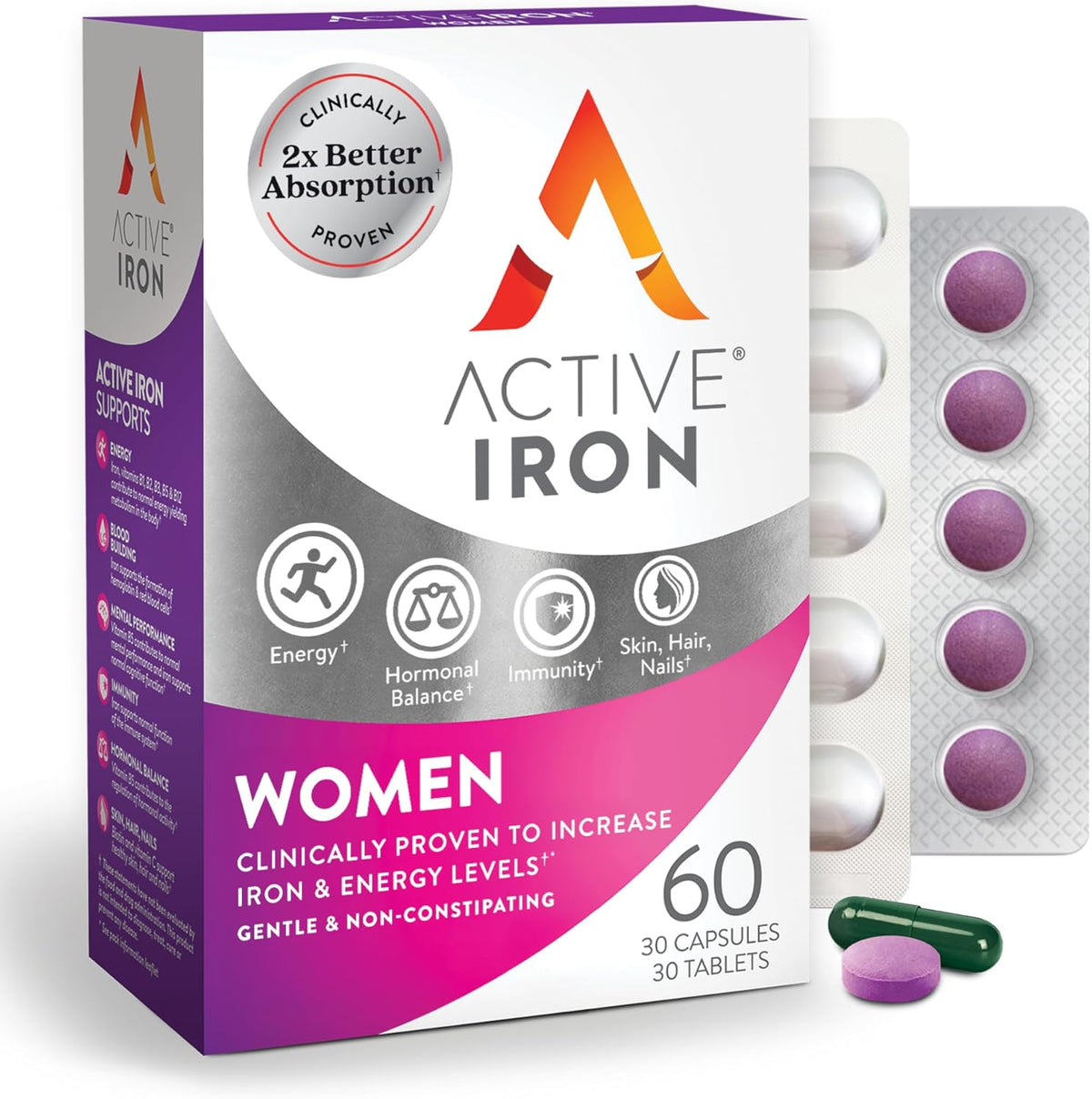Active Iron Supplement for Women front view packaging showing capsules and tablets