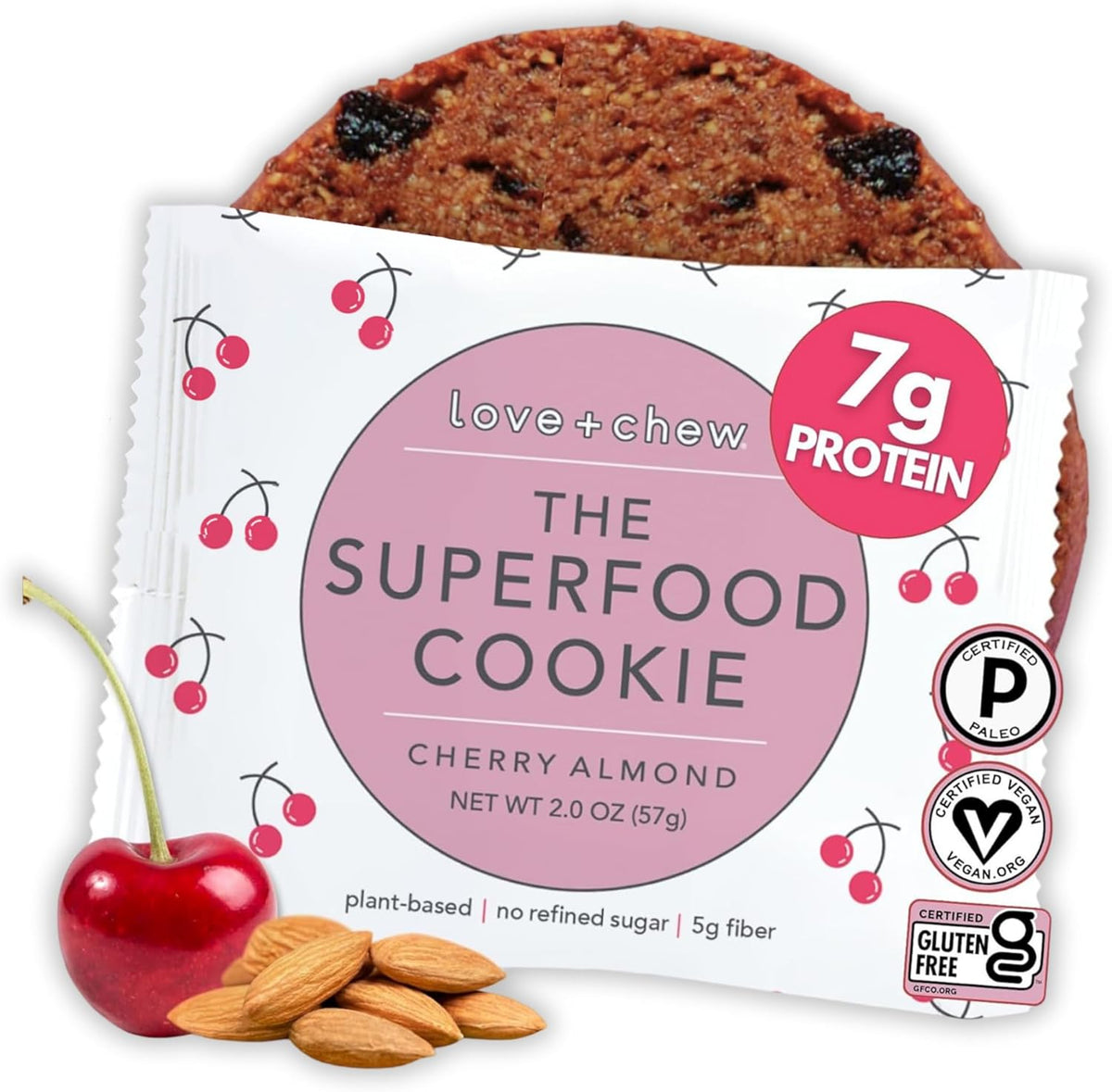 Love + Chew Cherry Almond Superfood Cookie front packaging view authentic vegan snack.