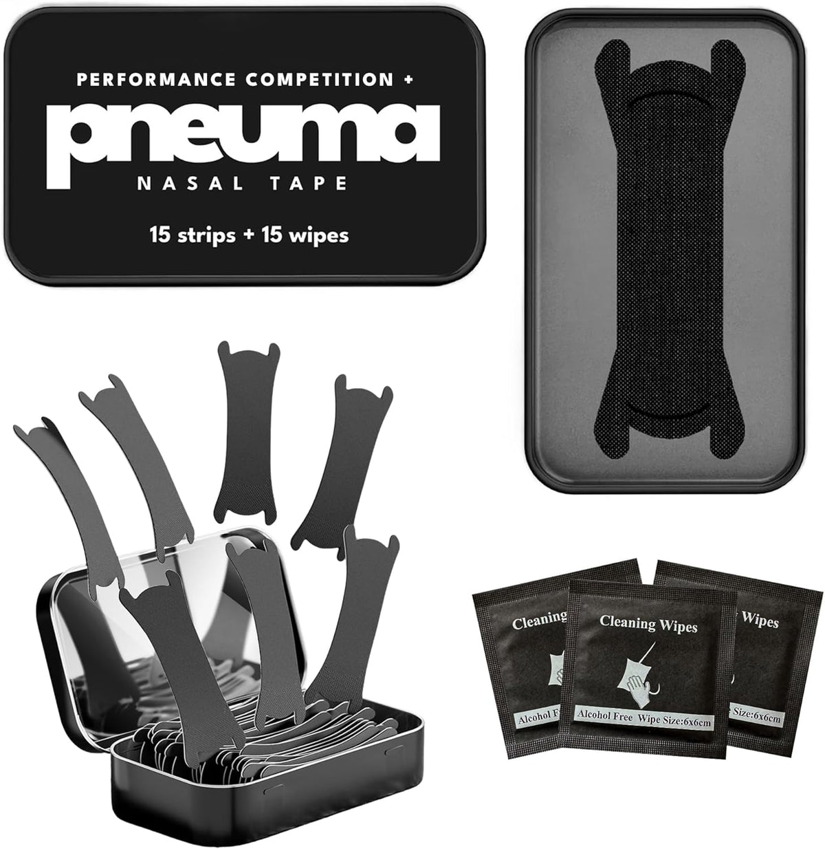 Pneuma Nasal Strips Performance Competition Plus front view showing black athletic nose tape.