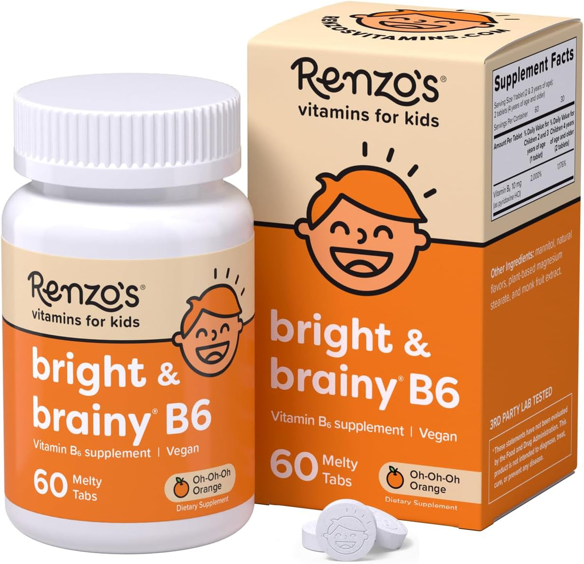 Renzo's Bright & Brainy Vitamin B6 front view bottle for kids brain health.