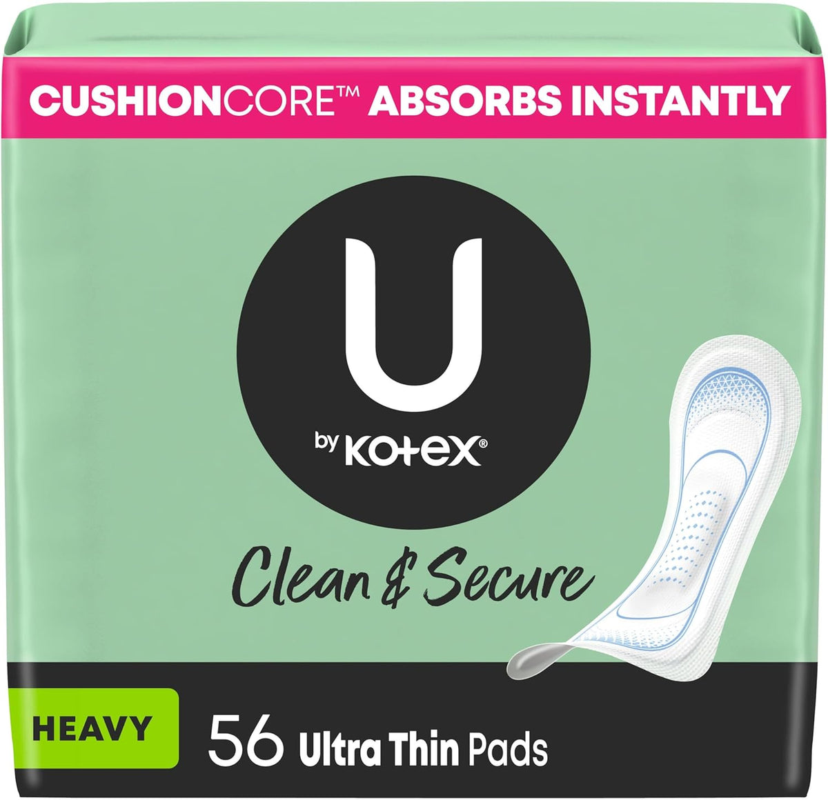 U by Kotex Clean and Secure Ultra Thin Pads 56 count front pack view