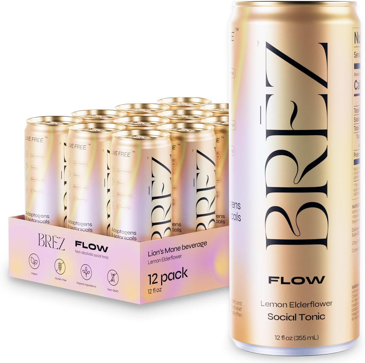BREZ FLOW Lions Mane Mushroom Drink front view pack of twelve cans