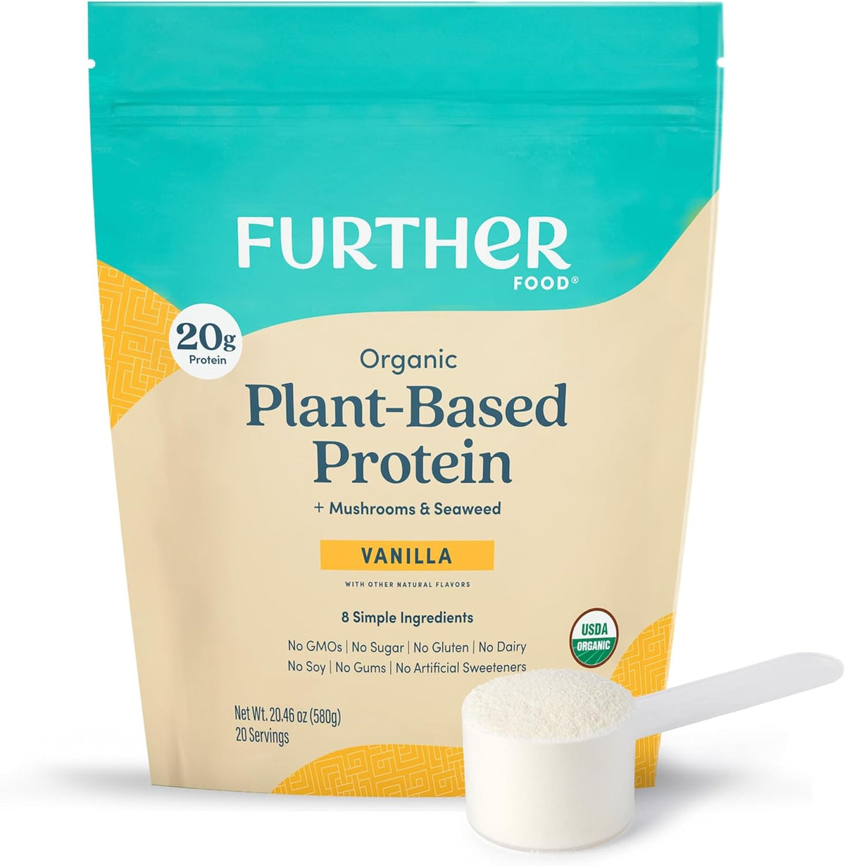 Further Food Organic Vegan Protein Powder Vanilla front view for plant based nutrition.