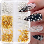 Jaliya mini metal rivet punk nail charms front view of six grid box containing gold and silver cone spikes