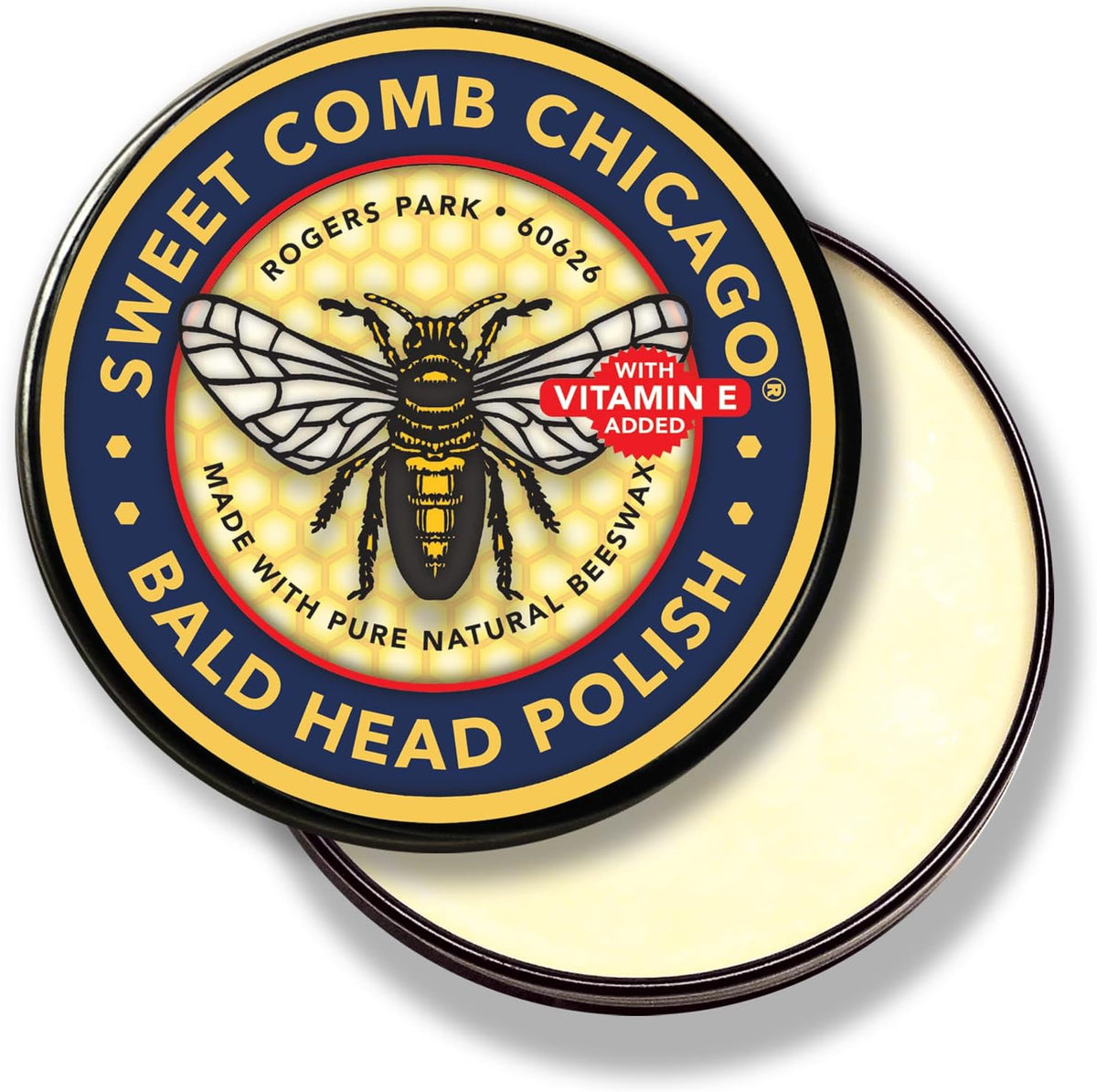 Sweet Comb Chicago Bald Head Polish front view of the travel size tin container