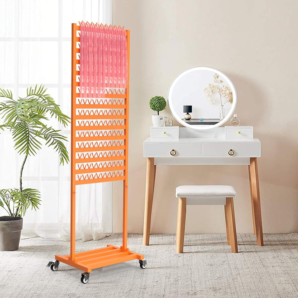 Foriy braiding hair rack front view showing three hundred pegs for extension organization