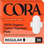 Cora Organic Cotton Topsheet Pads front view of 36 count box