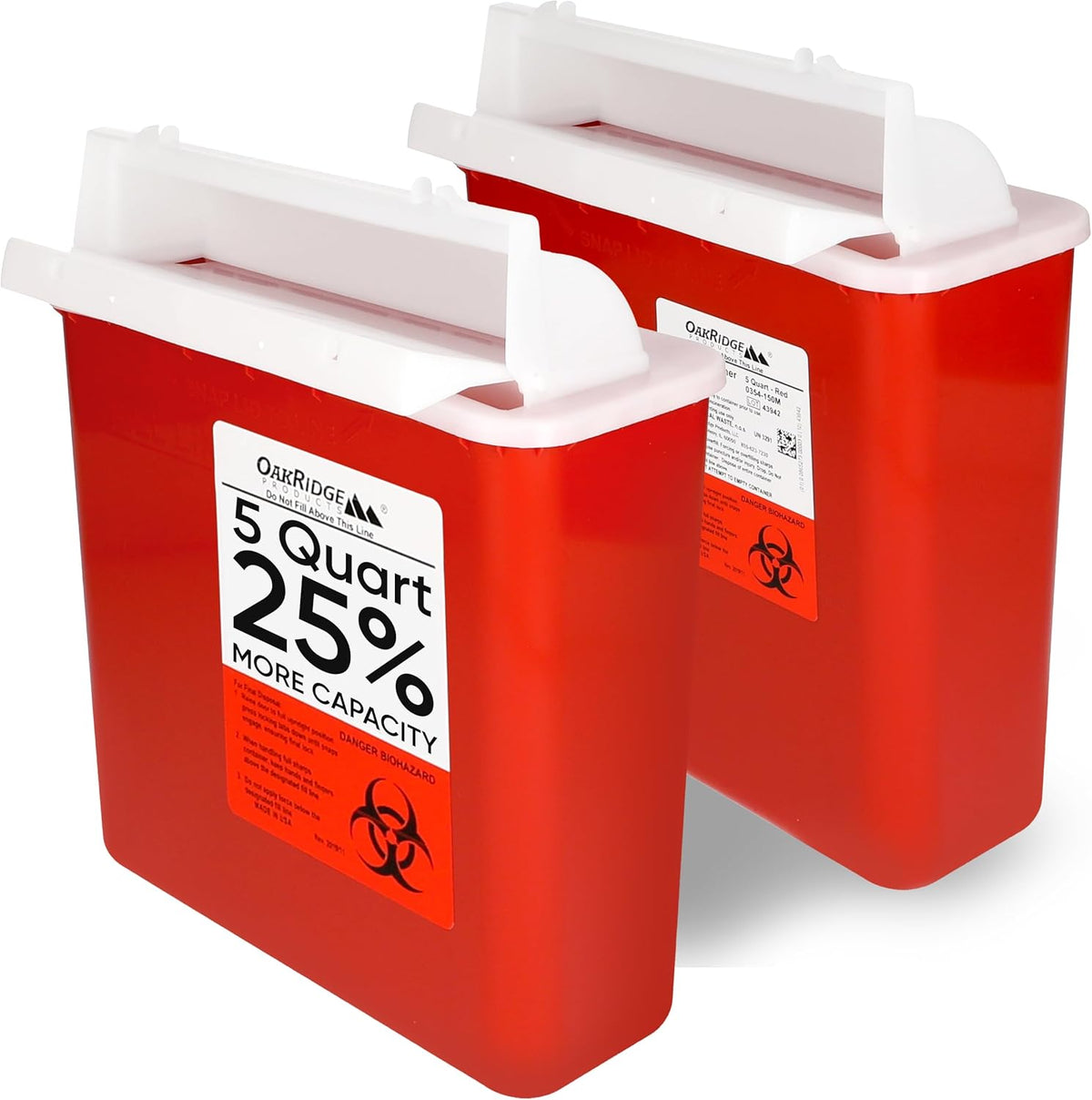 Oakridge Products 5 Quart Sharps Container front view biohazard disposal