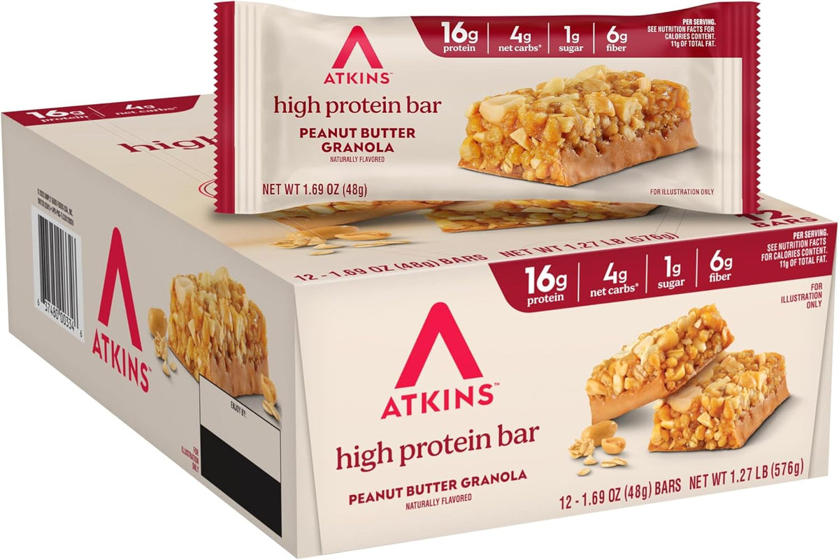 Atkins Peanut Butter Granola High Protein Bar, High Fiber Snack , 16g Protein, 1g Sugar, 4g Net Carb, Protein Snack, 12 Count - Image 1