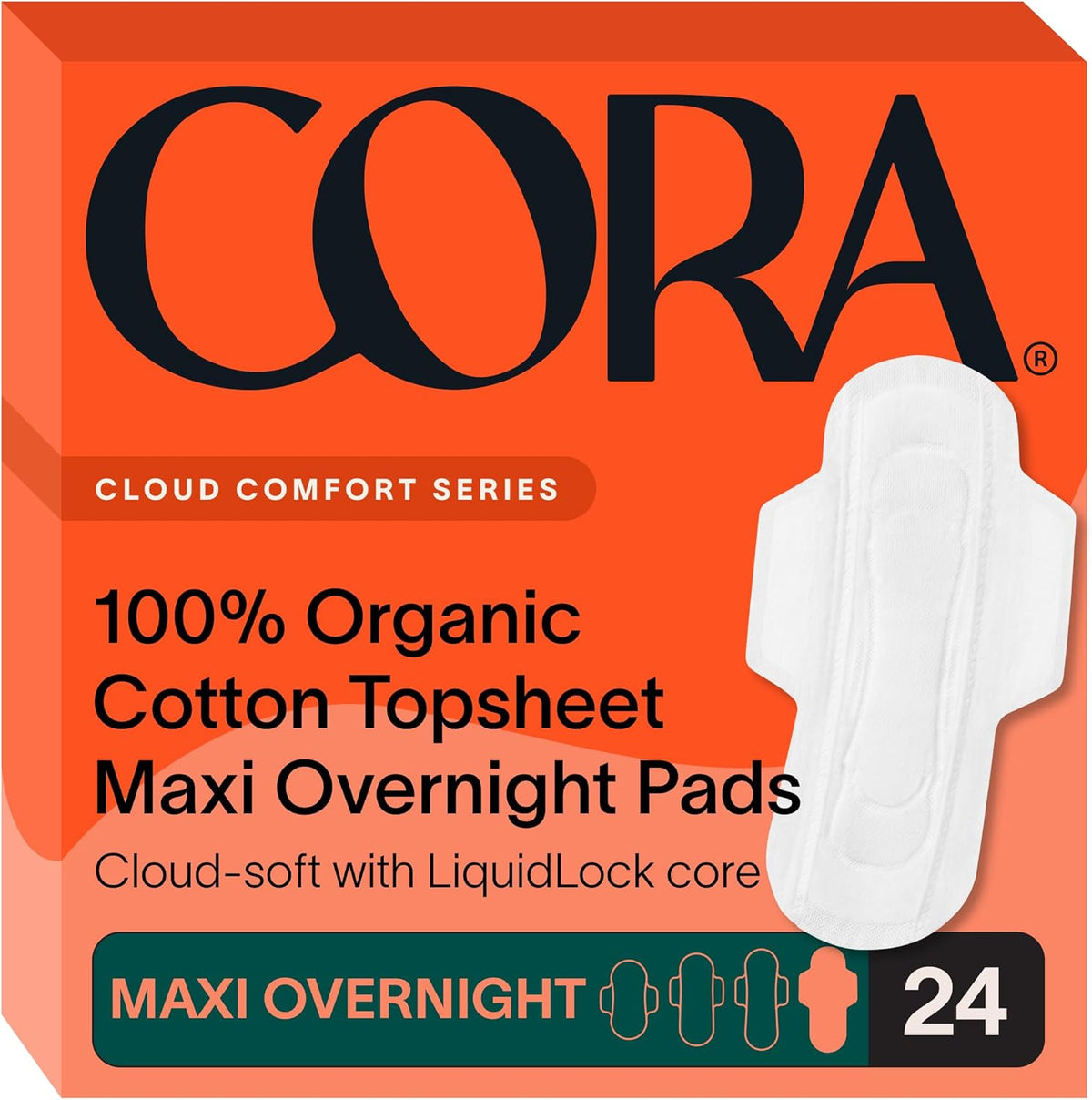 Cora Organic Cotton Topsheet Maxi Overnight Pads front view packaging