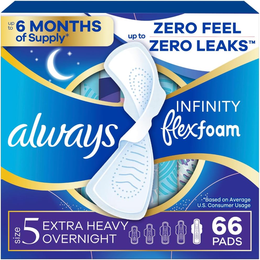 Always Infinity Flexfoam Size 5 pads front packaging for extra heavy flow.