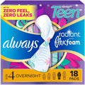 Always Radiant Teen FlexFoam Pads Size 4 Overnight front packaging
