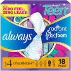 Always Radiant Teen FlexFoam Pads Size 4 Overnight front packaging