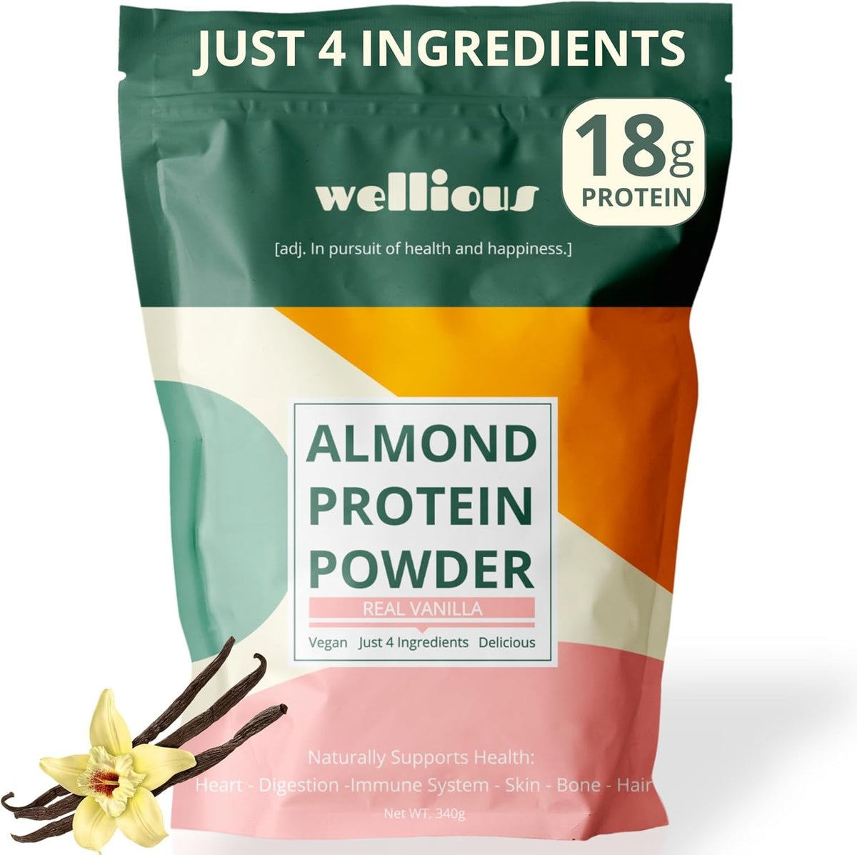 Wellious Almond Protein Powder Vanilla 12 Ounce front view plant based supplement