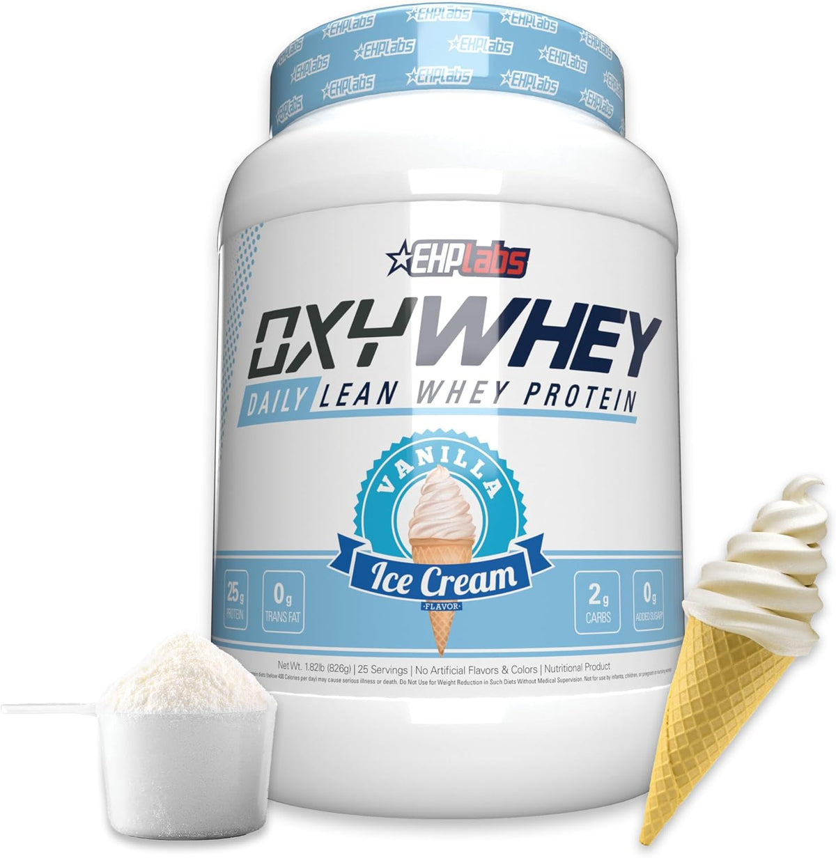 EHP Labs OxyWhey Vanilla Ice Cream front view showing 25g protein label.