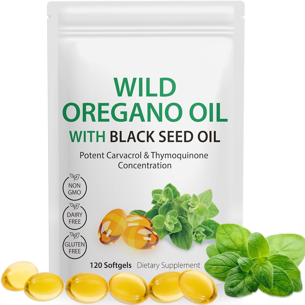 Onznoz Oil of Oregano and Black Seed Oil 120 capsules front bottle view for immune support