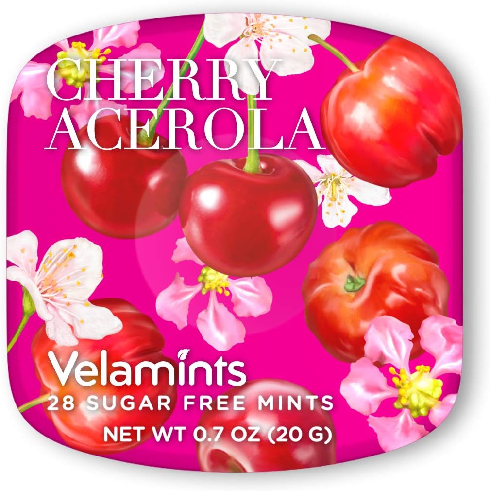 Velamints Expressions Cherry Acerola sugar free mints tin front view for fresh breath.