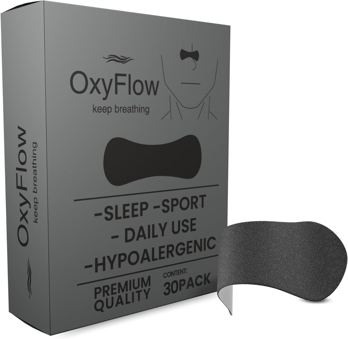 OxyFlow Nasal Strips front packaging showing 30 count black strips for snoring relief.