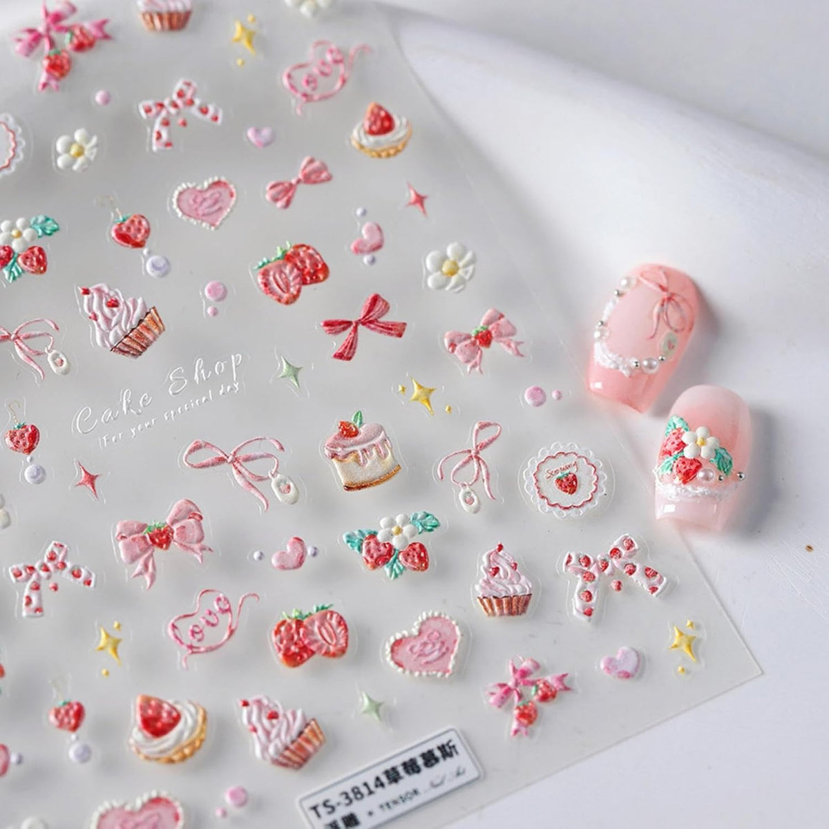 Nbntgh 5d embossed pink strawberry cake nail stickers front packaging