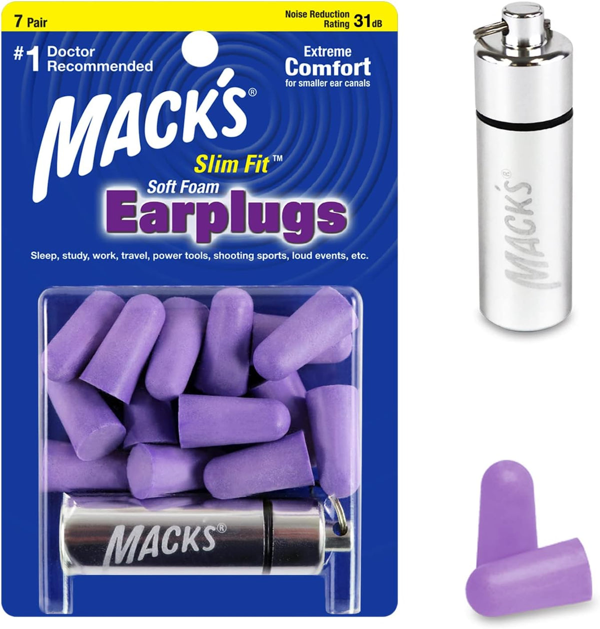 Mack's Slim Fit Soft Foam Earplugs 7 pair pack front view for noise reduction