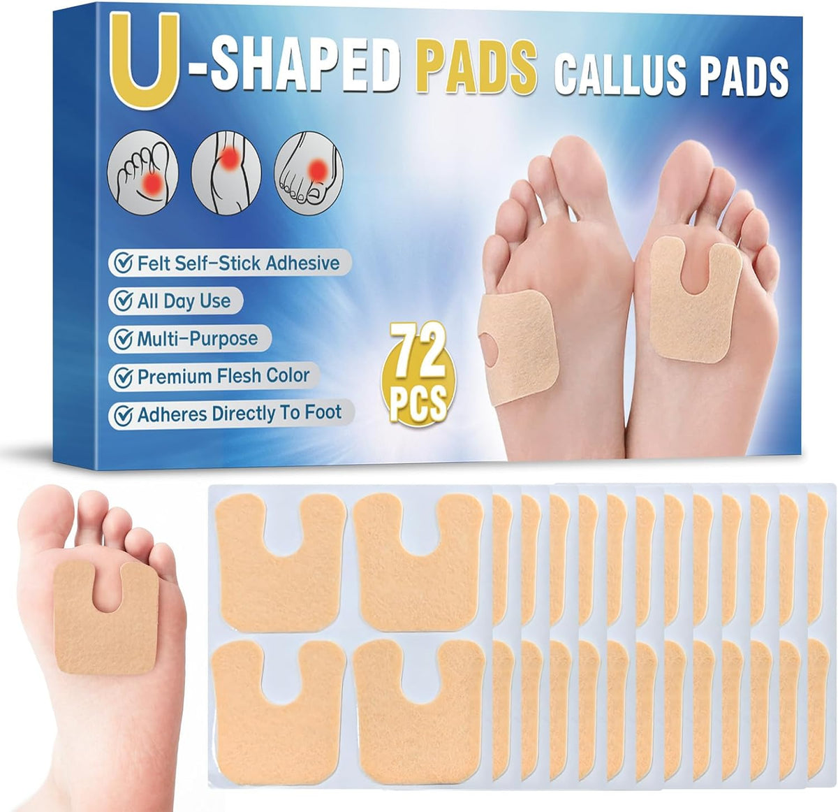 Bellisinno U-Shaped Felt Callus Pads front view of package displaying seventy-two white adhesive cushions.
