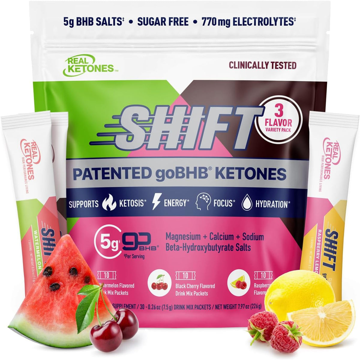 Real Ketones BHB exogenous ketones variety pack front view showing 30 packets for ketosis support.