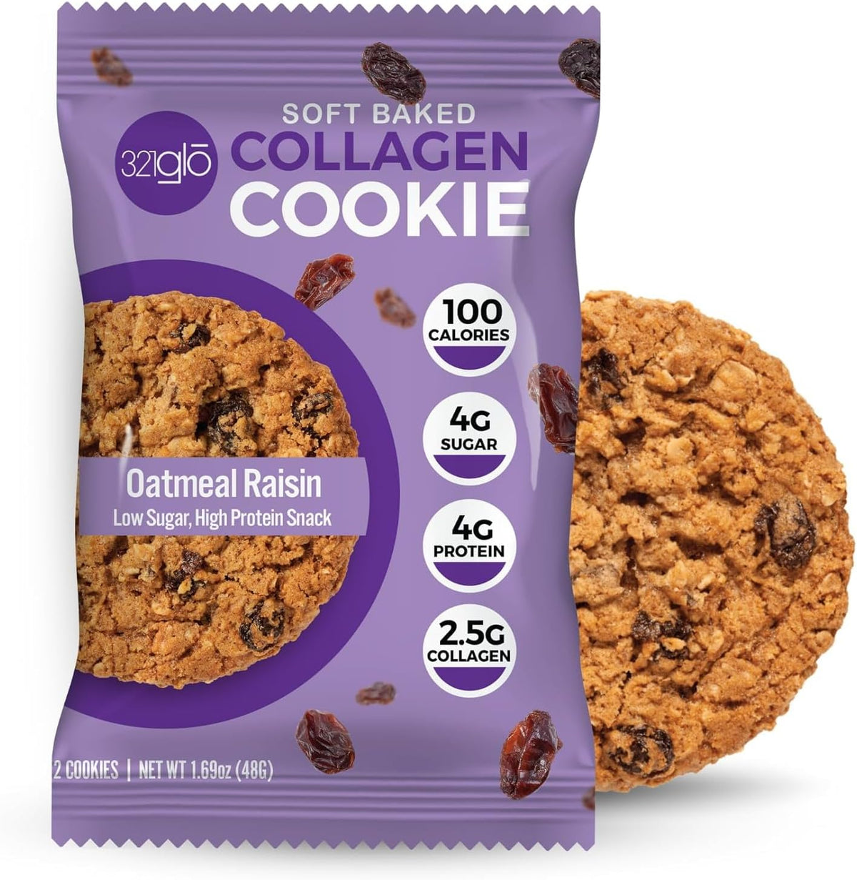 321glō Collagen Cookies Oatmeal Raisin 12 pack front view protein snacks