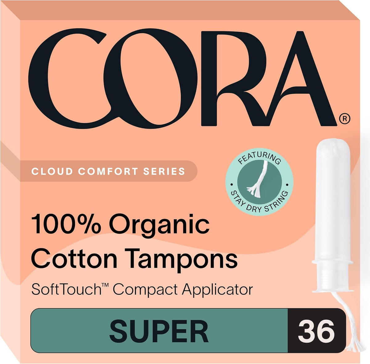 Cora Organic Cotton Tampons Super Absorbency 36 Count front view packaging