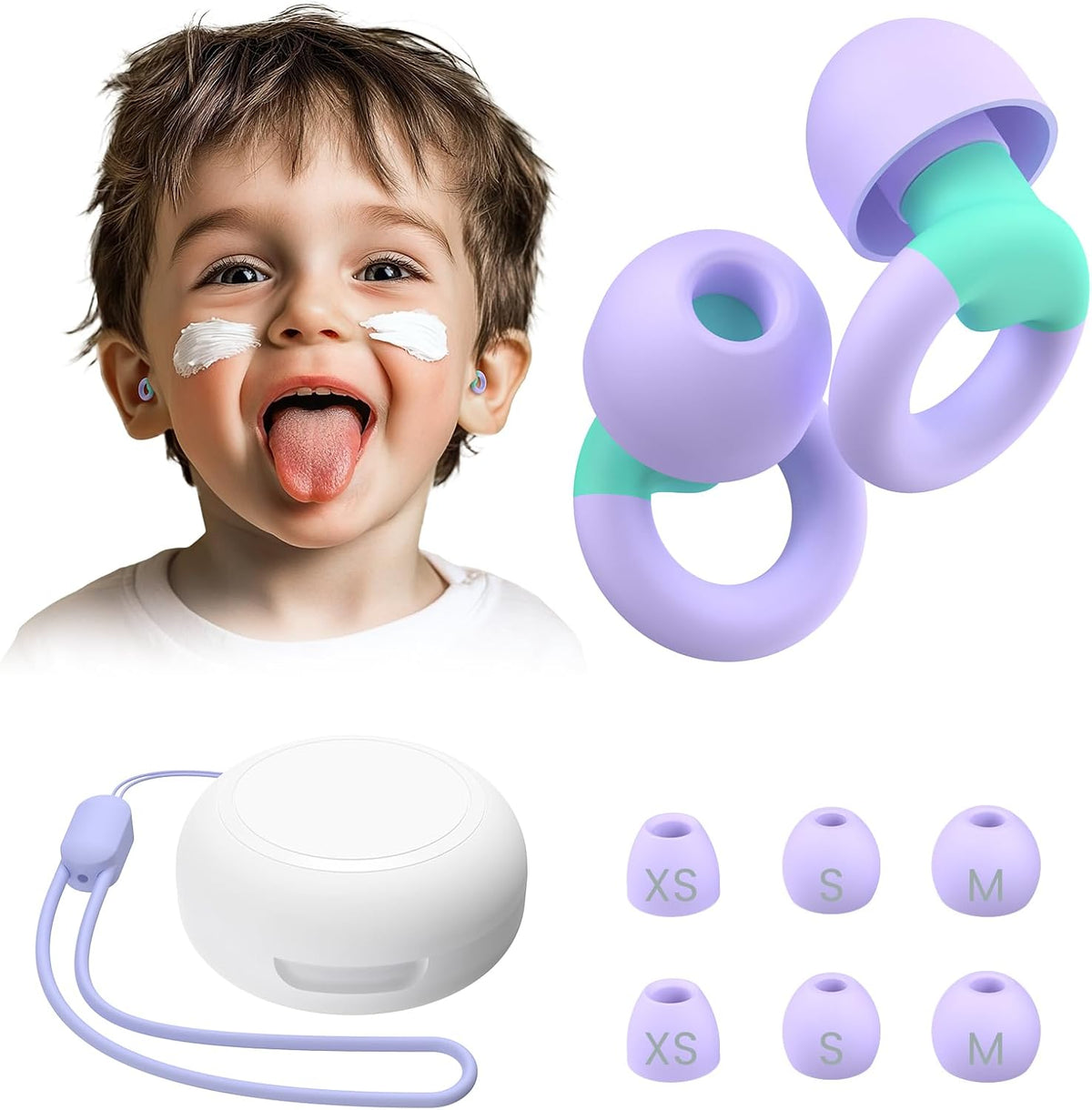 JUSTRVN kids ear plugs front view of reusable noise reduction silicone earplugs in storage case