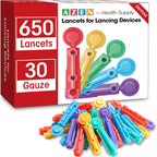 AZEN 650 count diabetes testing lancets box front view showing product specifications.