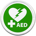 couoi AED Defibrillator Certified Green 4 Inch Sew On Patch front view for emergency medical kits.