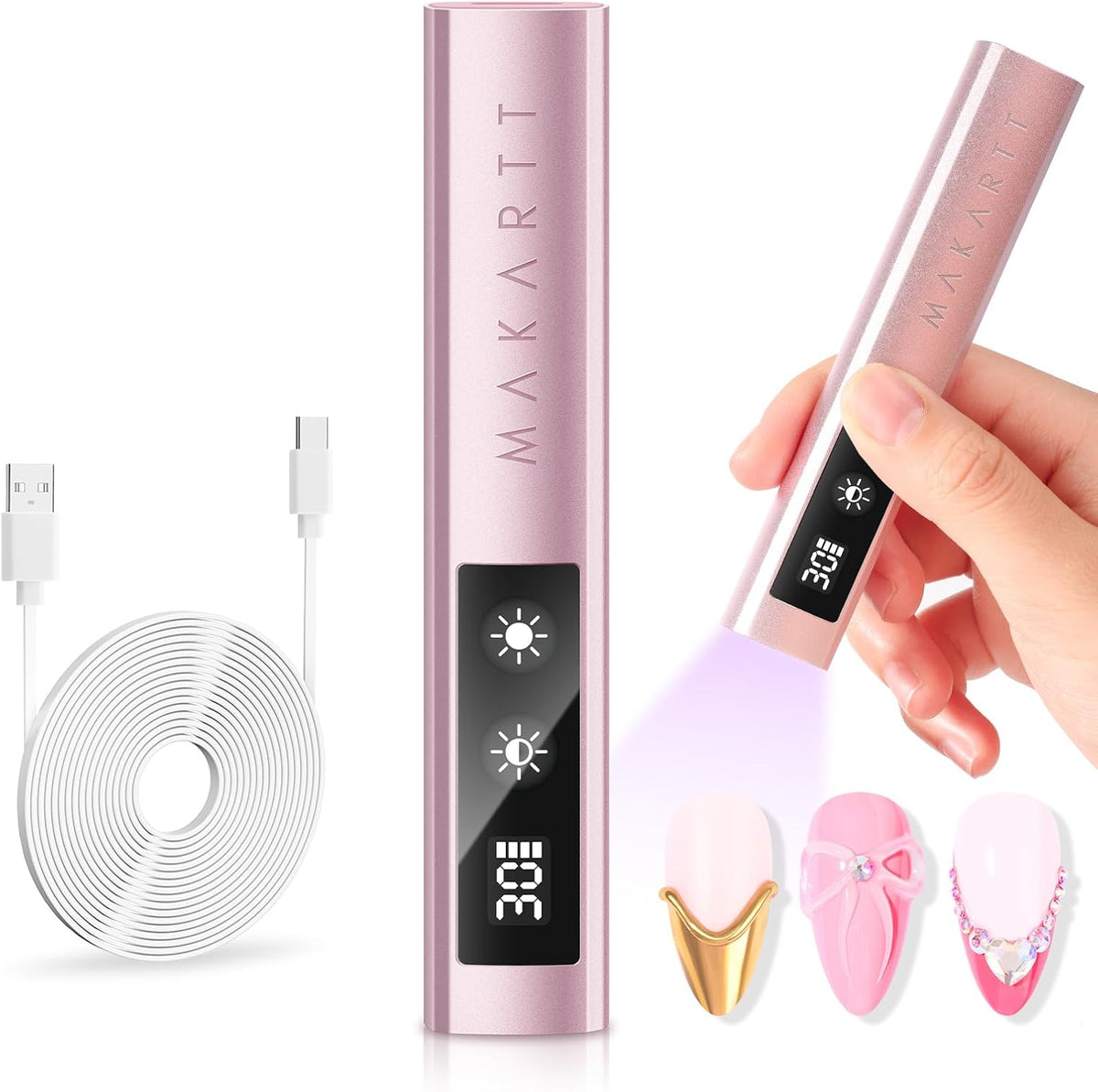Makartt handheld UV nail lamp front view showcasing digital LCD timer screen