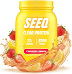 SEEQ Clear Whey Isolate Protein Powder Strawberry Lemonade tub front view for muscle recovery.